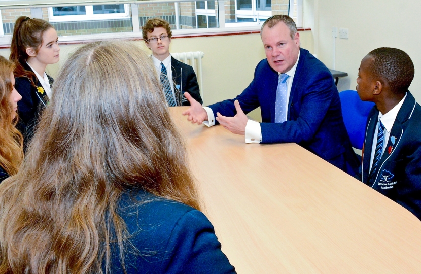 Conor chats to pupils from Glenmoor and Winton Academies about his role as a Member of Parliament.