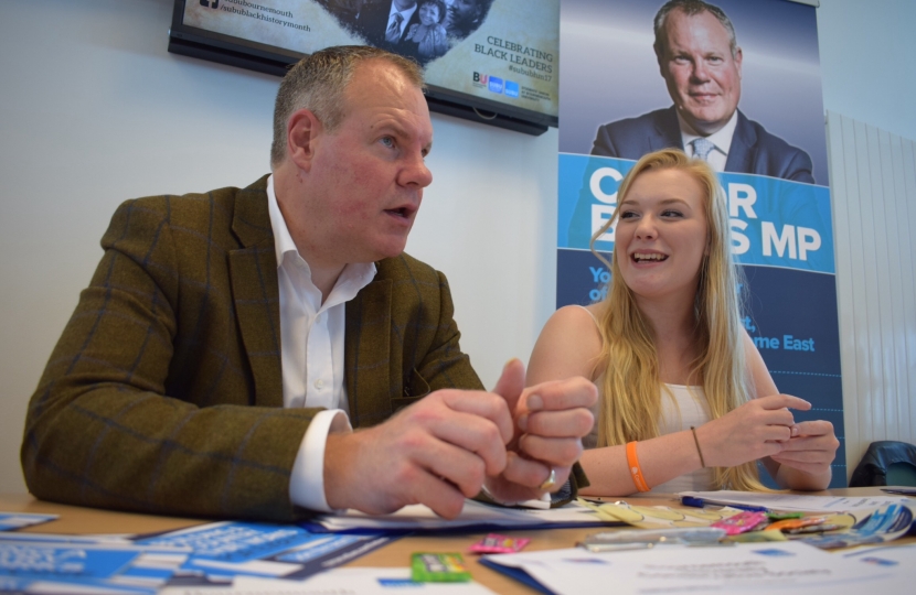 Conor pictured speaking with a Bournemouth student at the Fresher’s Fair.