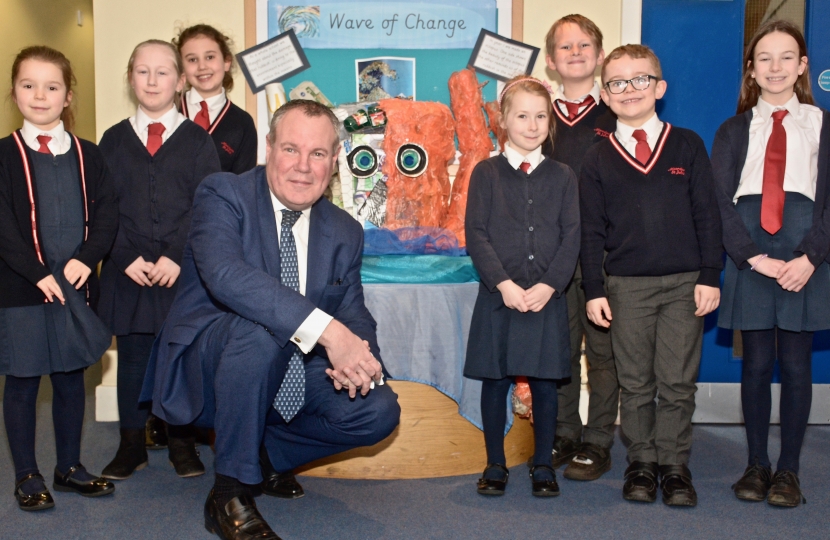 Conor with pupils from St John's School, Moordown.