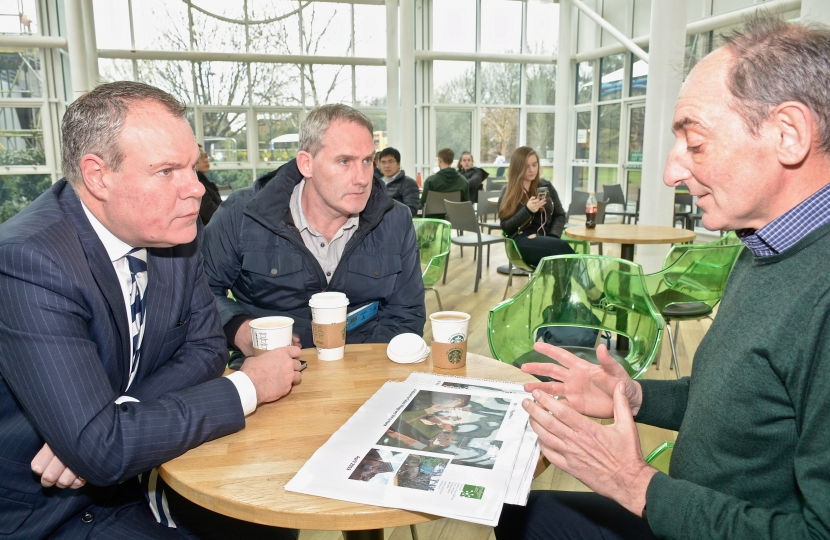 Conor discussing the plans for the development of Talbot Village and White Farm with Ian Jones from BU and local residents.