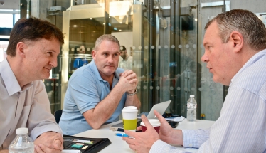 Conor pictured discussing rough-sleeping with Alistair Doxat-Purser and Ian Jones.