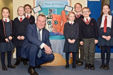 Conor with pupils from St John's School, Moordown.