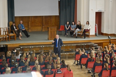 Conor addressing the Talbot Heath School assembly.